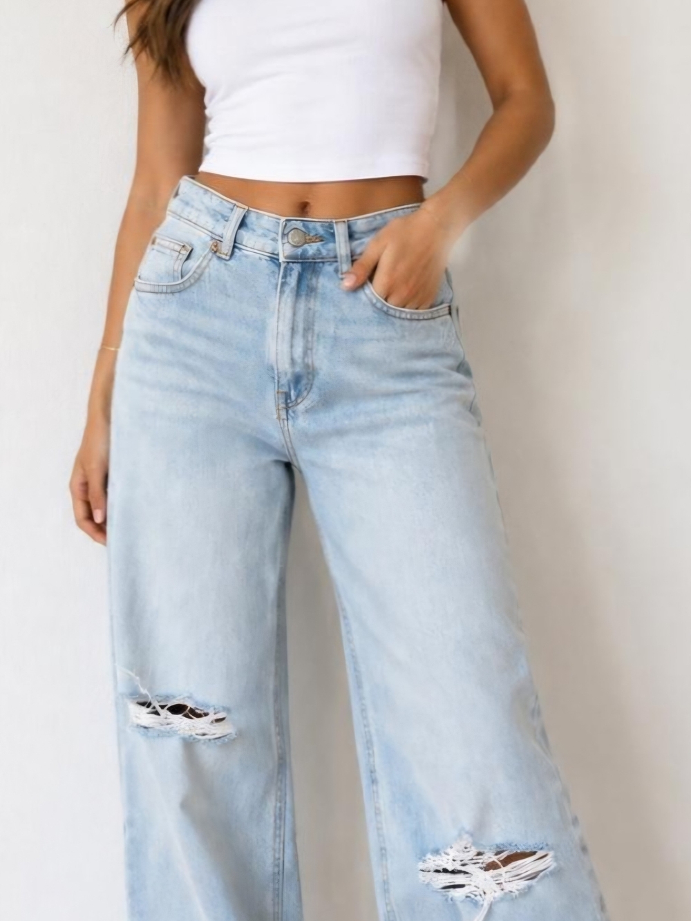 H&M Light Wash Wide-Leg 5 Pocket Distressed Rip Denim Jeans Relaxed Fit
